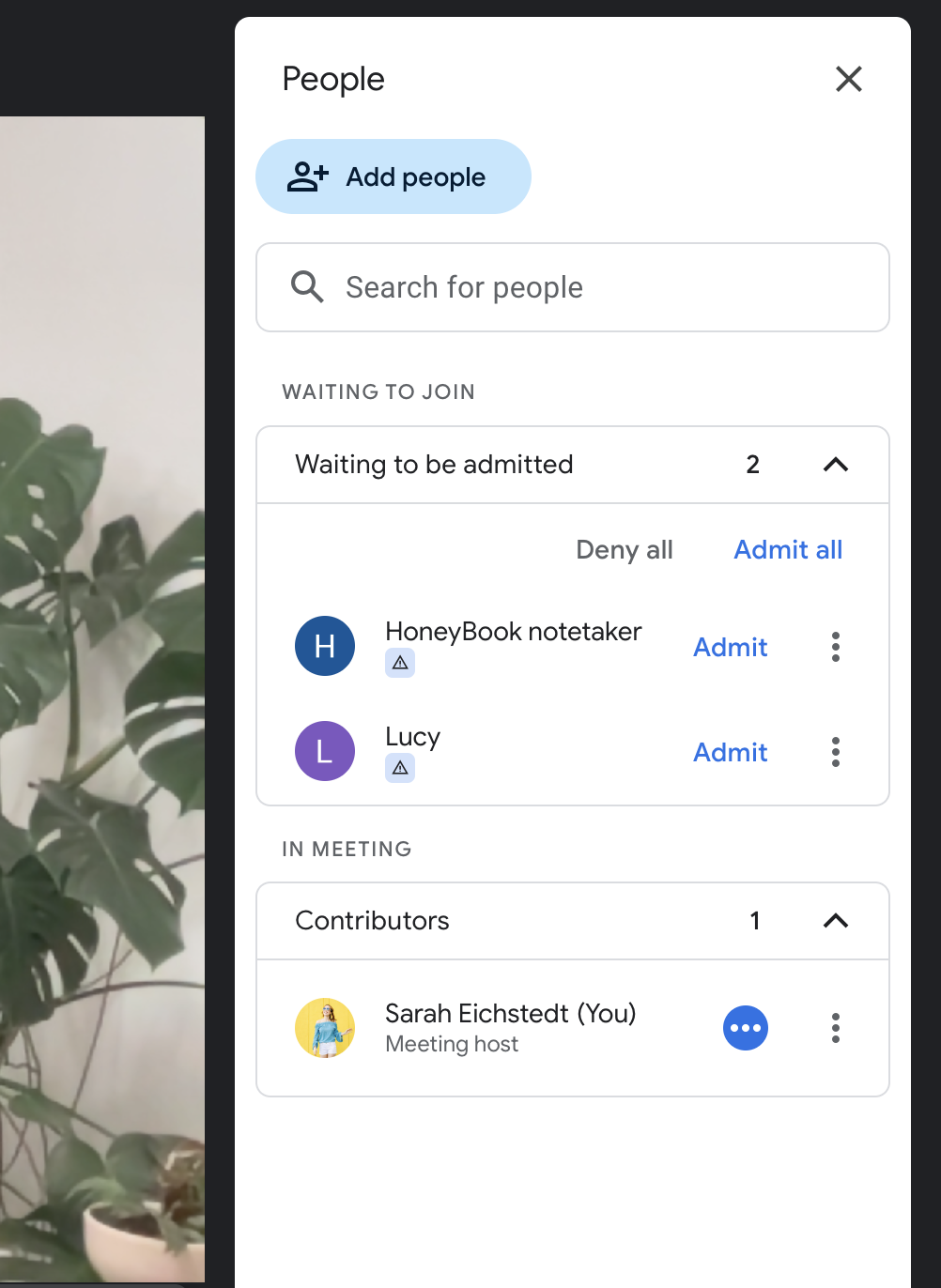 Screenshot of a video call with 2 people waiting to join the meeting: the Honeybook notetaker and a client named Lucy.