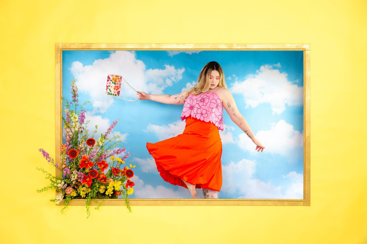 Spring mini session yellow frame floral backdrop Bright Bay Studio Emeryville California colorful studio photography