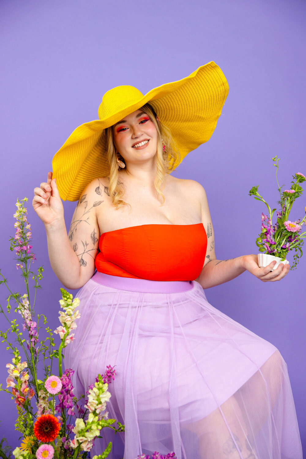 Purple floral backdrop studio portrait Bright Bay Studio Emeryville CA spring mini sessions colorful photography