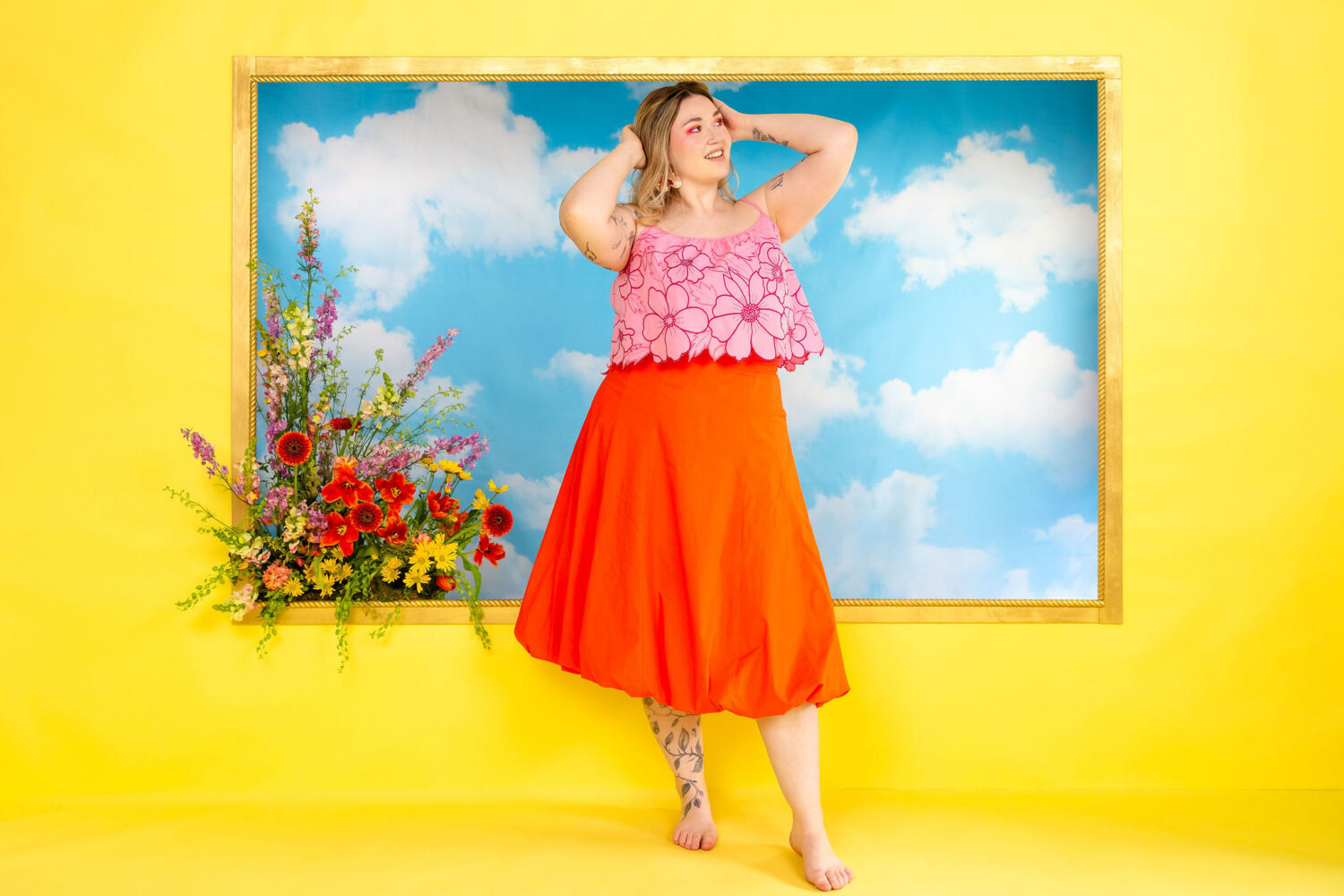 Spring mini session yellow frame floral backdrop Bright Bay Studio Emeryville California colorful studio photography